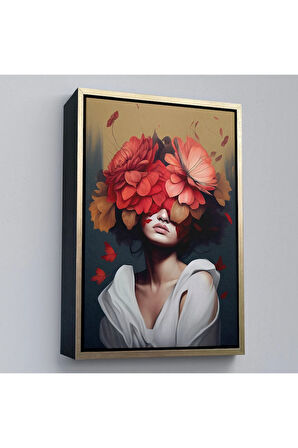 Ahşap Çerçeveli Çiçek Başlı Soyut Kadın Tablosu-7829