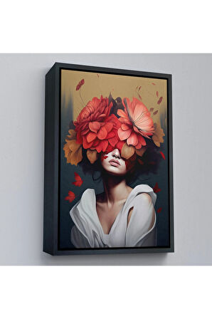 Ahşap Çerçeveli Çiçek Başlı Soyut Kadın Tablosu-7829