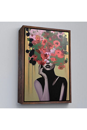 Ahşap Çerçeveli Çiçek Başlı Soyut Kadın Tablosu-7830