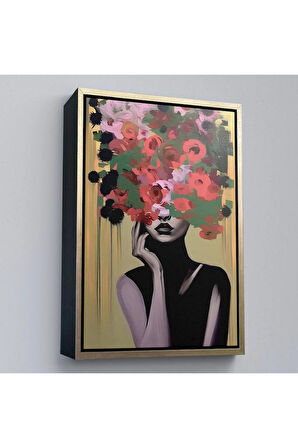 Ahşap Çerçeveli Çiçek Başlı Soyut Kadın Tablosu-7830