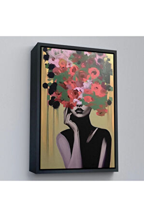 Ahşap Çerçeveli Çiçek Başlı Soyut Kadın Tablosu-7830