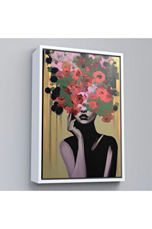 Ahşap Çerçeveli Çiçek Başlı Soyut Kadın Tablosu-7830