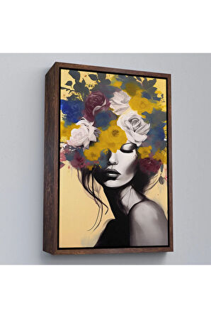 Ahşap Çerçeveli Çiçek Başlı Soyut Kadın Tablosu-7831