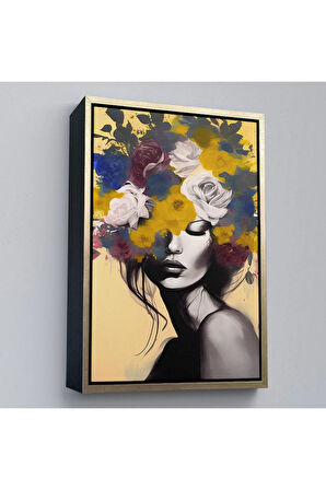 Ahşap Çerçeveli Çiçek Başlı Soyut Kadın Tablosu-7831