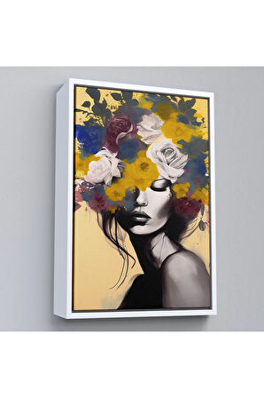 Ahşap Çerçeveli Çiçek Başlı Soyut Kadın Tablosu-7831