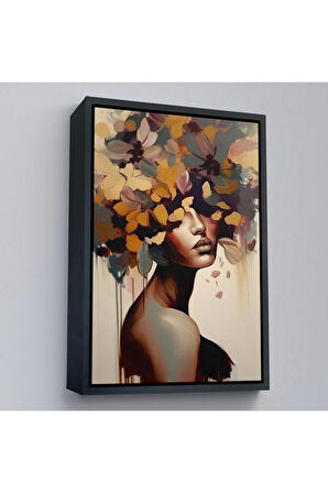 Ahşap Çerçeveli Çiçek Başlı Soyut Kadın Tablosu-7832