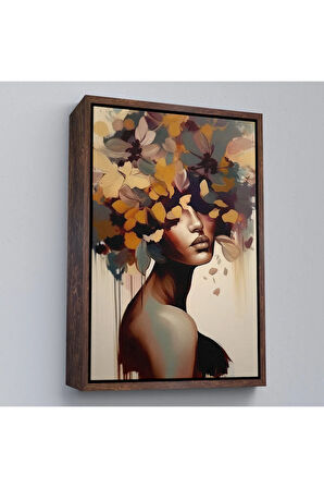 Ahşap Çerçeveli Çiçek Başlı Soyut Kadın Tablosu-7832