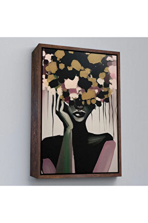 Ahşap Çerçeveli Çiçek Başlı Soyut Kadın Tablosu-7833