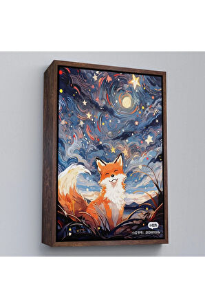 Ahşap Çerçeveli Soyut Ormandaki Sarı Tilki Tablosu-7839
