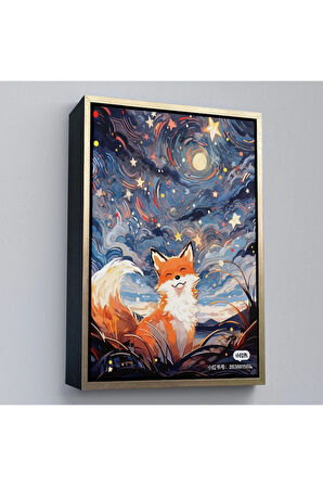 Ahşap Çerçeveli Soyut Ormandaki Sarı Tilki Tablosu-7839