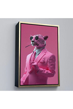 Ahşap Çerçeveli Sigara İçen Pembe Leopar Tablo-7859
