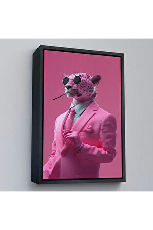 Ahşap Çerçeveli Sigara İçen Pembe Leopar Tablo-7859