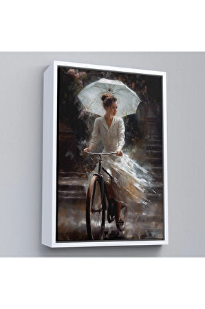Ahşap Çerçeveli Şemsiye İle Bisiklet Süren Güzel Kadın Tablo-7860