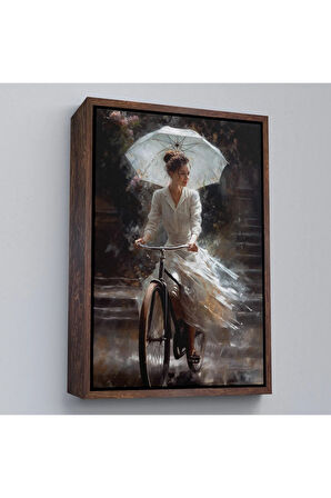 Ahşap Çerçeveli Şemsiye İle Bisiklet Süren Güzel Kadın Tablo-7860