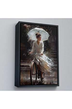 Ahşap Çerçeveli Şemsiye İle Bisiklet Süren Güzel Kadın Tablo-7860