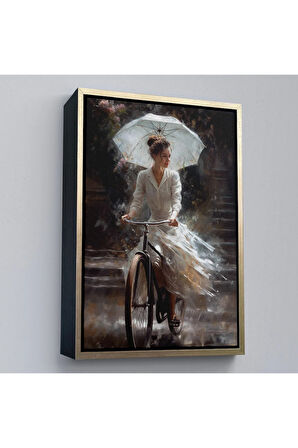 Ahşap Çerçeveli Şemsiye İle Bisiklet Süren Güzel Kadın Tablo-7860
