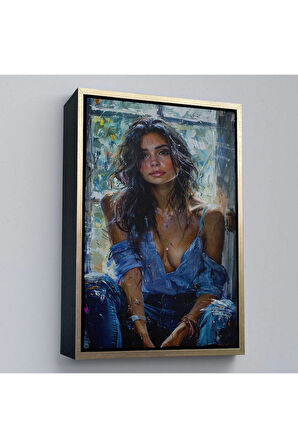 Ahşap Çerçeveli Yağlı Boya Görünümlu Güzel Kadın Tablosu-7864