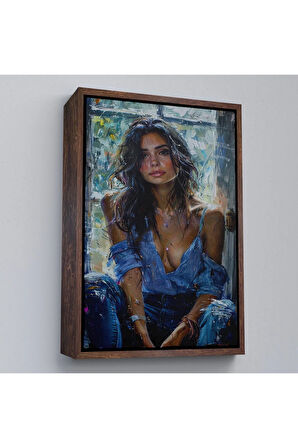 Ahşap Çerçeveli Yağlı Boya Görünümlu Güzel Kadın Tablosu-7864