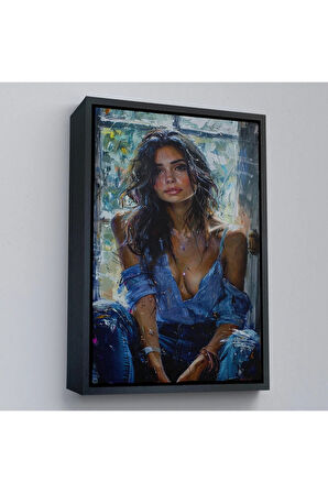 Ahşap Çerçeveli Yağlı Boya Görünümlu Güzel Kadın Tablosu-7864