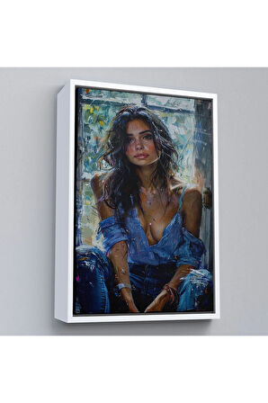 Ahşap Çerçeveli Yağlı Boya Görünümlu Güzel Kadın Tablosu-7864