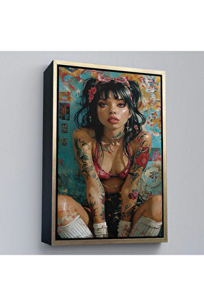 Ahşap Çerçeveli Yağlı Boya Görünümlu Güzel Kadın Tablosu-7865