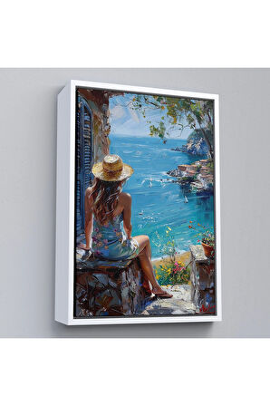 Ahşap Çerçeveli Deniz Manzarasınız İzleyen Kadın Tablosu-7866