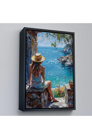 Ahşap Çerçeveli Deniz Manzarasınız İzleyen Kadın Tablosu-7866