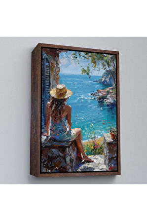 Ahşap Çerçeveli Deniz Manzarasınız İzleyen Kadın Tablosu-7866