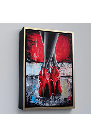 Ahşap Çerçeveli Kırmızı Ayakkabı Kadın Tablosu-7868