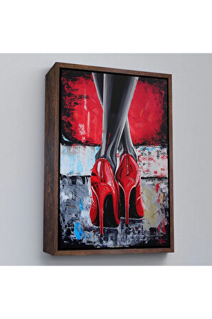 Ahşap Çerçeveli Kırmızı Ayakkabı Kadın Tablosu-7868