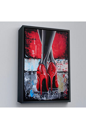 Ahşap Çerçeveli Kırmızı Ayakkabı Kadın Tablosu-7868