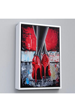 Ahşap Çerçeveli Kırmızı Ayakkabı Kadın Tablosu-7868