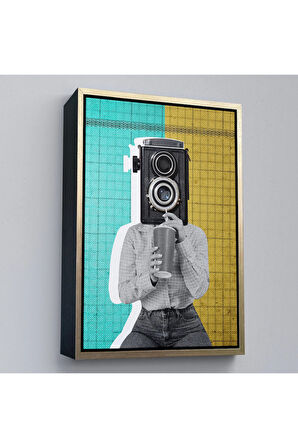 Ahşap Çerçeveli Kamera Kafalı Soyut Kadın Pop Art Tablosu-7872