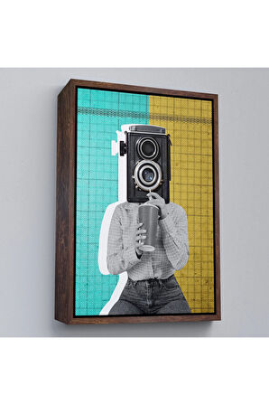 Ahşap Çerçeveli Kamera Kafalı Soyut Kadın Pop Art Tablosu-7872