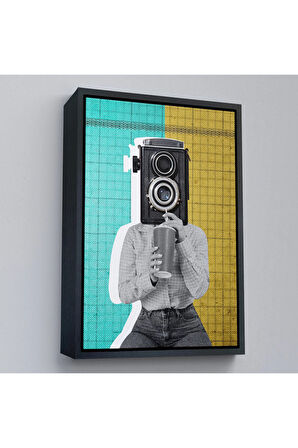 Ahşap Çerçeveli Kamera Kafalı Soyut Kadın Pop Art Tablosu-7872