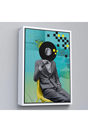 Ahşap Çerçeveli Plak Kafalı Adam Pop Art Tablosu-7877