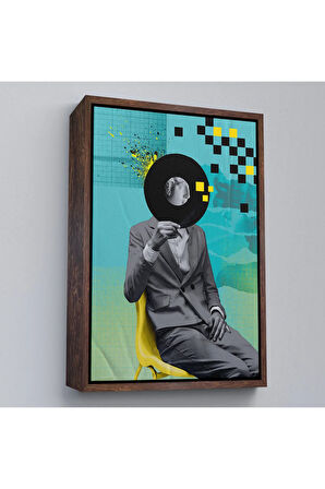 Ahşap Çerçeveli Plak Kafalı Adam Pop Art Tablosu-7877