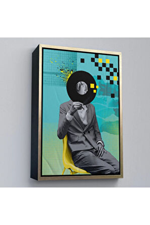 Ahşap Çerçeveli Plak Kafalı Adam Pop Art Tablosu-7877