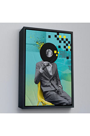 Ahşap Çerçeveli Plak Kafalı Adam Pop Art Tablosu-7877