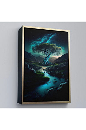 Ahşap Çerçeveli Karanlıktaki Gizemli Ağaç Tablosu-7882