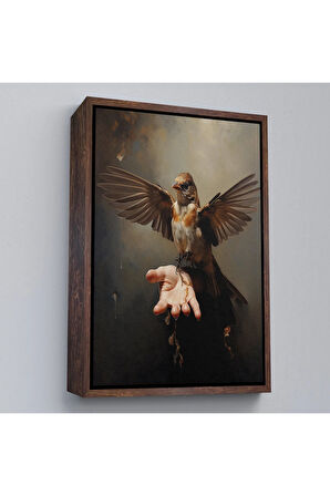 Ahşap Çerçeveli Eldeki Serçe Kuşu Tablosu-7883
