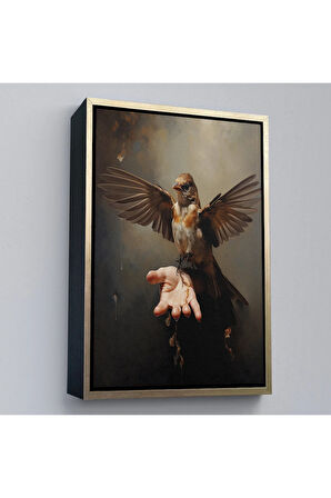 Ahşap Çerçeveli Eldeki Serçe Kuşu Tablosu-7883