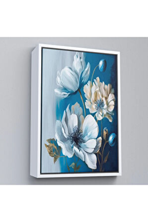 Ahşap Çerçeveli Mavi Ve Beyaz Çiçekler Tablosu-7885