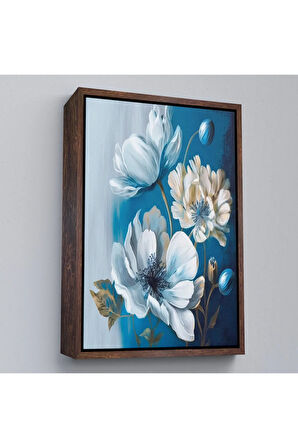 Ahşap Çerçeveli Mavi Ve Beyaz Çiçekler Tablosu-7885