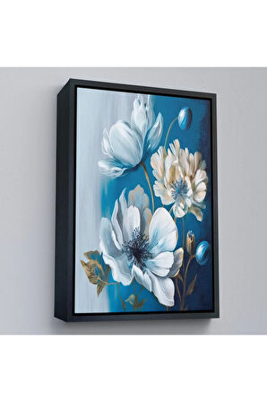 Ahşap Çerçeveli Mavi Ve Beyaz Çiçekler Tablosu-7885