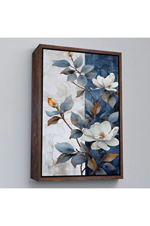 Ahşap Çerçeveli Mavi Ve Beyaz Çiçekler Tablosu-7886
