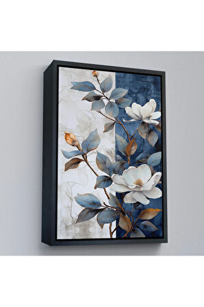 Ahşap Çerçeveli Mavi Ve Beyaz Çiçekler Tablosu-7886