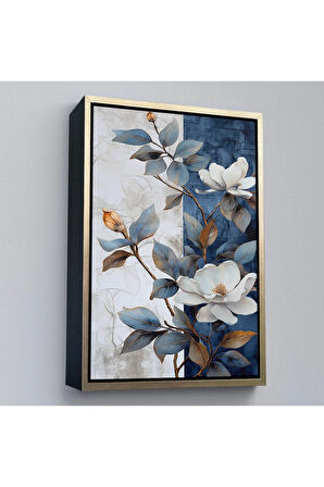 Ahşap Çerçeveli Mavi Ve Beyaz Çiçekler Tablosu-7886