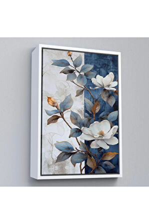 Ahşap Çerçeveli Mavi Ve Beyaz Çiçekler Tablosu-7886