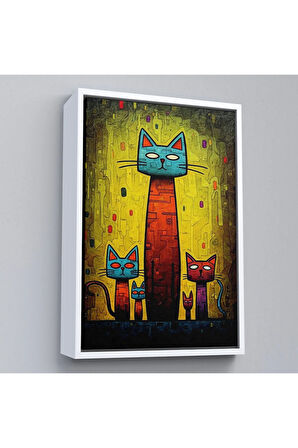 Ahşap Çerçeveli Sevimli Kedi Ailesi Tablosu-7903
